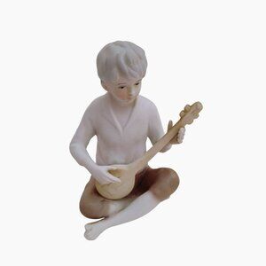Boy with Mandolin Figure, Hand Painted, 4" Guitar Playing Vintage Figurine